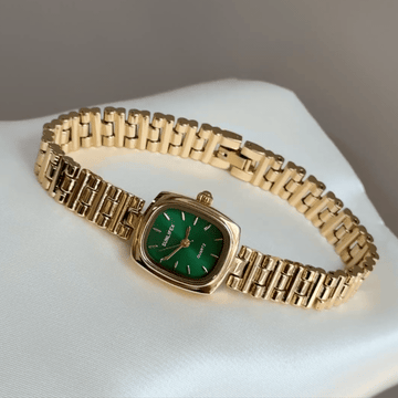 Vintage Gold Petite Cushion Watch with Emerald Green Dial