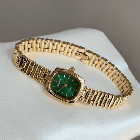Vintage Gold Petite Cushion Watch with Emerald Green Dial