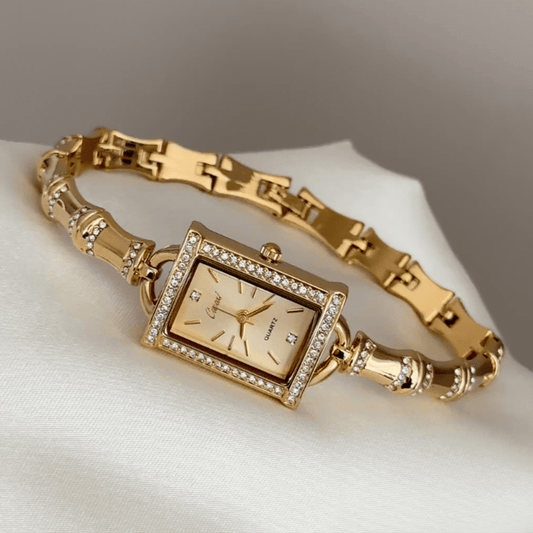 Gilded Elegance: Gold Rectangular Dial Watch with Matching Bezel & Bamboo-Segment Stainless Steel Bracelet