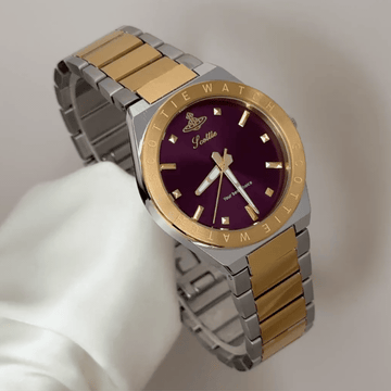 Everyday Chic: Purple Round Dial Watch with Silver Bezel & Gold-Silver Two-Tone Bracelet