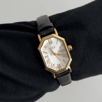 Refined Grace Elegant: White Rectangular Dial Watch with Gold Bezel & Black Leather Strap