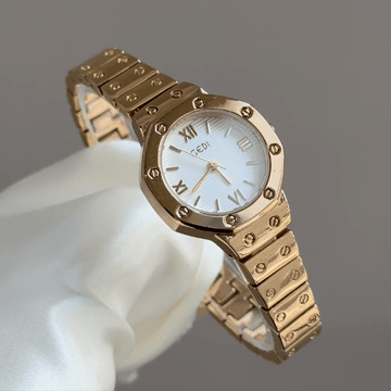 Gold Screw Accent Quartz Watch with White Roman Numeral Dial