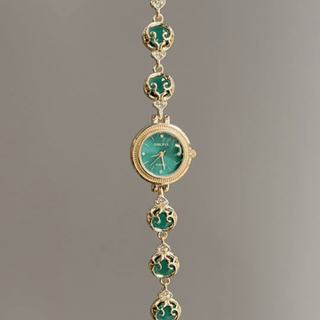 Vintage Petite Watch with Emerald Green Sunray Dial & Filigree Gemstone Bracelet