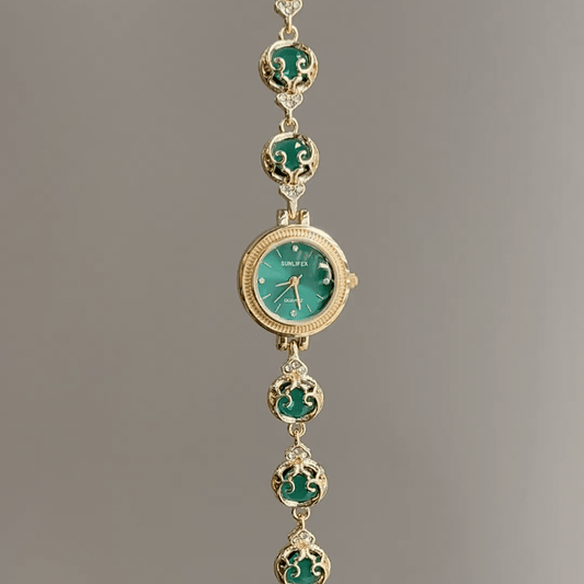 Vintage Petite Watch with Emerald Green Sunray Dial & Filigree Gemstone Bracelet