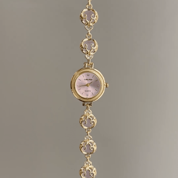 Vintage Petite Watch with Soft Pink Sunray Dial & Filigree Gemstone Bracelet