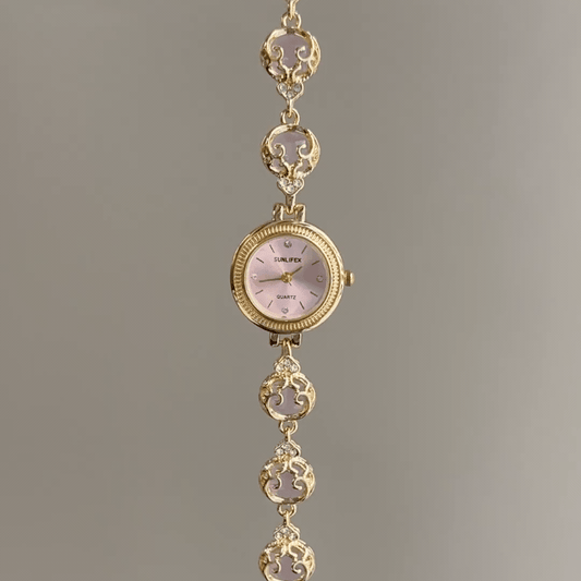 Vintage Petite Watch with Soft Pink Sunray Dial & Filigree Gemstone Bracelet