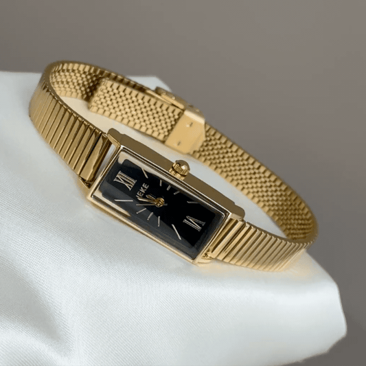 Vintage Petite Gold Tank Watch with Black Roman Dial & Mesh Bracelet