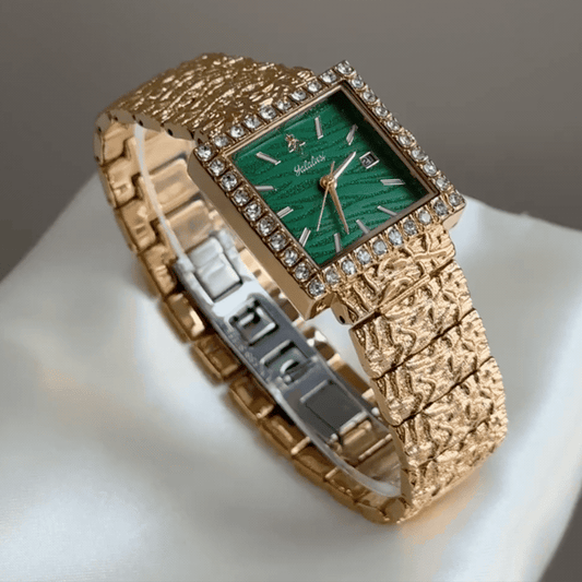 Vintage Gold Textured Watch with Green Dial, Date Display & Crystal Bezel