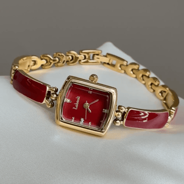 Vibrant Statement：Red Rectangular Dial Watch – Gold Rectangular Bezel & Red Alloy Bracelet