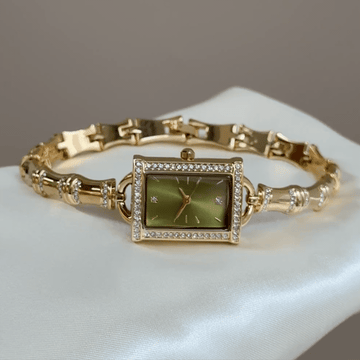Natural Elegance：Green Square Dial Watch – Gold Square Case & Gold Stainless Steel Bamboo-Link Band Quartz