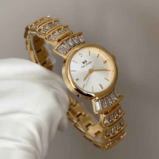 Glamour Elegant: White Round Dial Watch with Gold Diamond Bezel & Diamond Bracelet