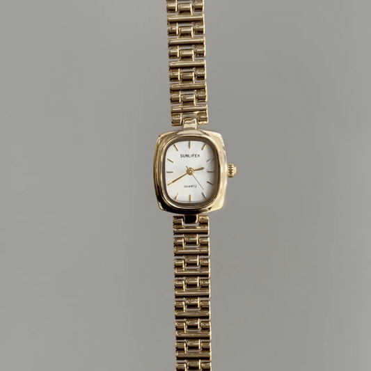 Vintage Petite Gold Cushion Watch with Minimalist White Dial