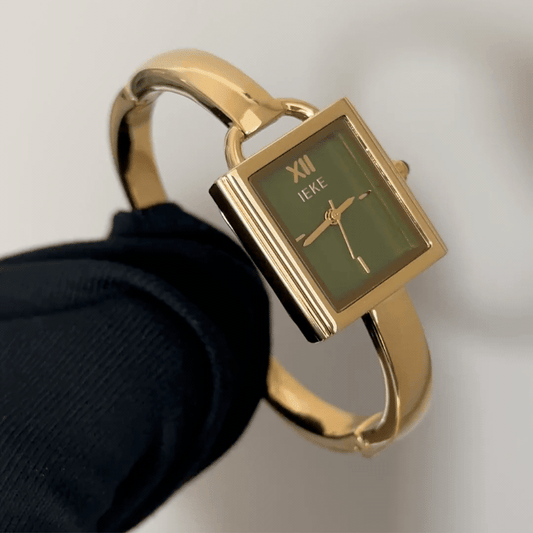 Cuff Chic: Green Square Dial Watch with Gold Cuff Bracelet