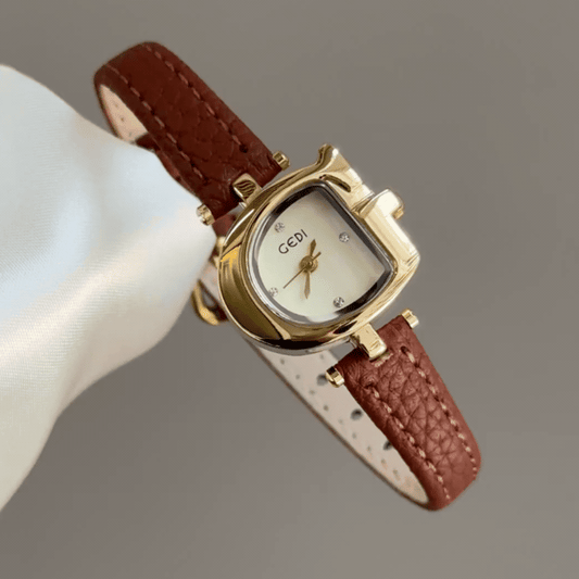 Women's Quartz Watch with Brown Leather Strap, Gold Case & Gold D-Shaped Dial – Elegant Everyday Dress Watch for Women