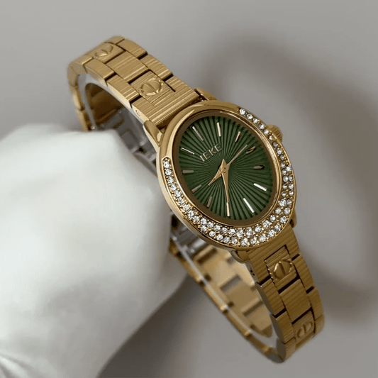 Diamond Sparkle: Green Oval Dial Watch with Gold Diamond Bezel & Gold Stainless Steel Bracelet