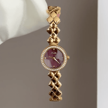 Quilted Texture: Red Round Dial Watch with Gold Diamond Bezel & Gold Quilted Chain Bracelet