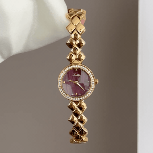 Quilted Texture: Red Round Dial Watch with Gold Diamond Bezel & Gold Quilted Chain Bracelet