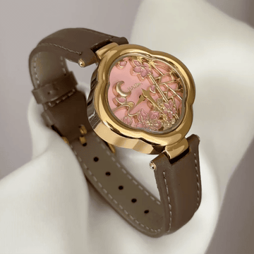 Blossom Shape: Pink Flower Dial Watch with Gold Flower Bezel & Brown Leather Strap
