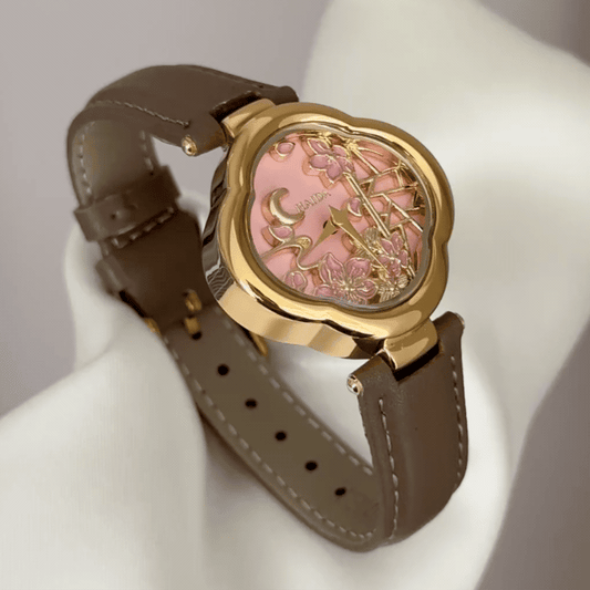 Blossom Shape: Pink Flower Dial Watch with Gold Flower Bezel & Brown Leather Strap