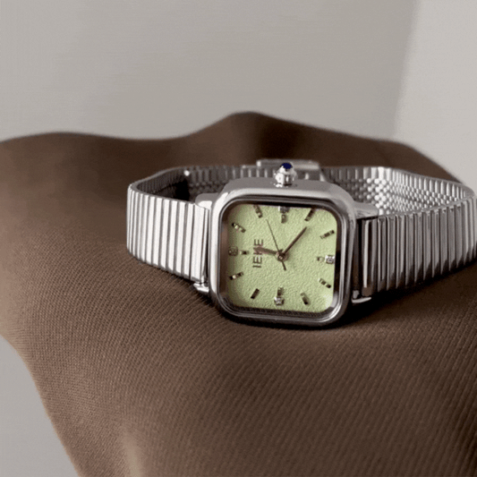 Mint Breeze – Women’s Silver Bamboo Bracelet Watch with Square Green Dial