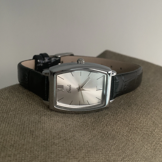 Executive Barrel Timepiece: Black Leather and Silver Case Watch