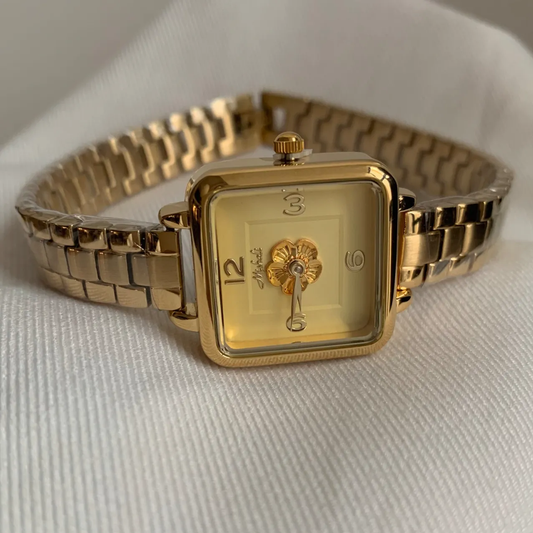 Golden Camellia Bamboo Strap Square Timepiece