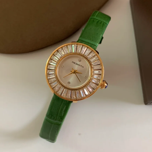 Edel Grace – Women’s Green Leather Watch with Crystal-Rimmed MOP Dial