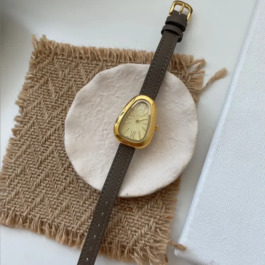 Elephant Grey Leather with Gold Case: Snake Head Dial Quartz Watch