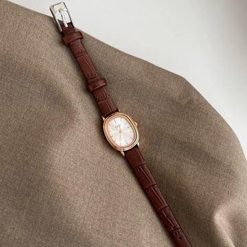 Vintage Brown Timepiece: Oval Gold Case White Dial Watch