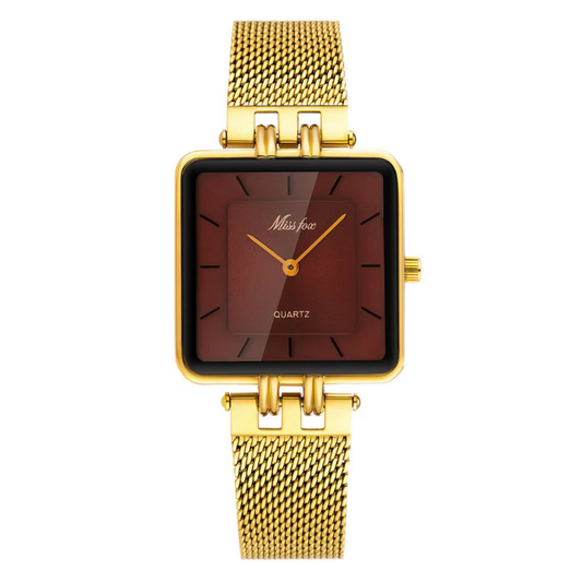 Classic Vintage Square Red Dial Gold-Tone Wheat Pattern Alloy Bracelet Quartz Watch