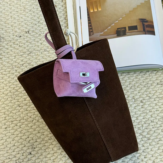 Iris Purple Kelly Lock Earphone Case – Genuine Sheepskin Leather, Waxed Thread Stitching, Eco Edge Paint, Mini Luxury Bag Style