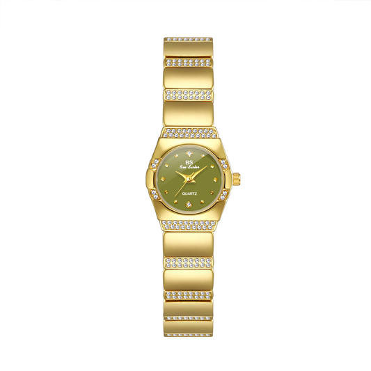 Timeless Sophistication: Gold Bamboo Bracelet & Green Dial Quartz Watch