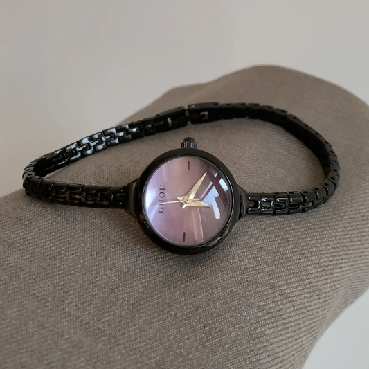Black Dainty Watch – Women's Quartz Watch with Thin Strap & Purple Mini Round Dial | Violet Mist