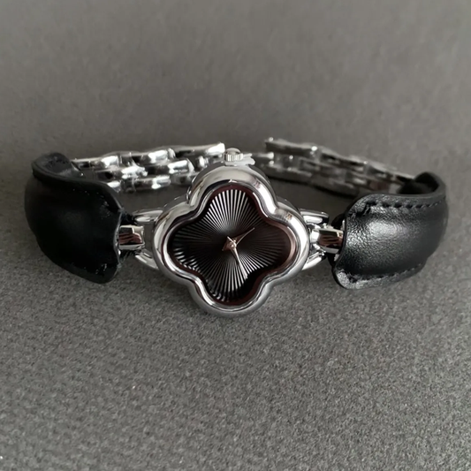 Midnight Clover: Black Leather Bracelet Quartz Watch