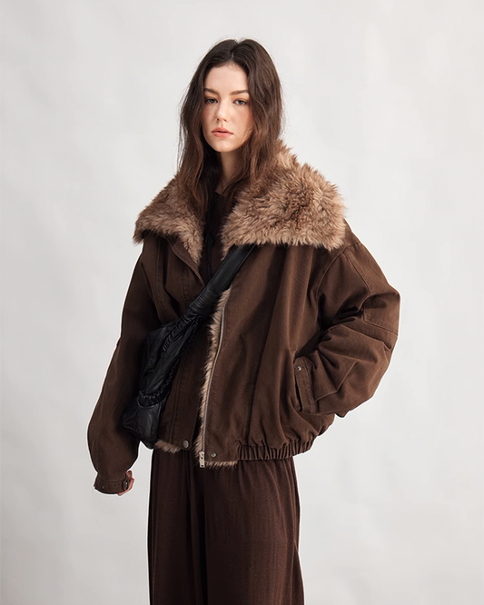 Chestnut Brown Puffer Jacket with Fur Lining - Retro High-Neck Bloom Silhouette