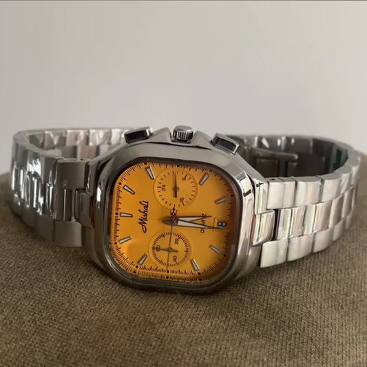 Silver Square Timepiece: Orange Dial Steel Quartz Watch