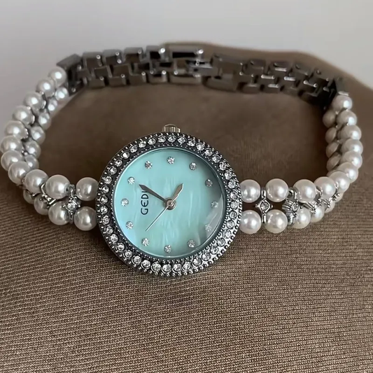 Mint Mambo Timepiece: Pearl Chain Luxe Quartz Watch