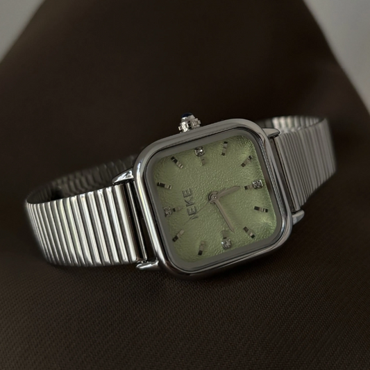 Mint Breeze – Women’s Silver Bamboo Bracelet Watch with Square Green Dial