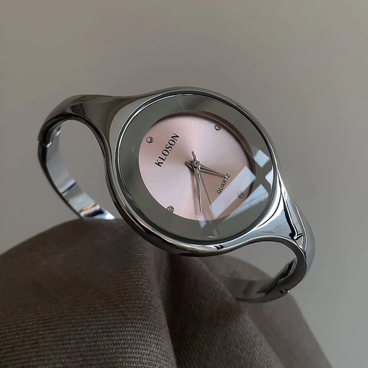 Silver Bangle Quartz Watch for Women – Large Pink Dial, Bold & Feminine