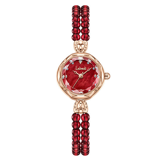Elegant Glamour – Women’s Red Pearl Beaded Strap Gold Case Round Dial Quartz Watch