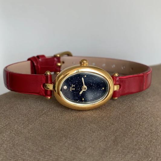 Oval Galaxy Quartz Timepiece: Genuine Leather Strap