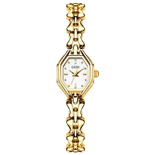 Elegant Rectangle Watch with White Dial, Gold Case & Slim Alloy Strap