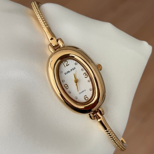 Vintage Classic White Bathtub Oval Dial Gold Bezel Bracelet-Style Alloy Watch