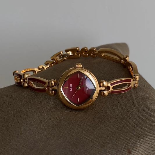 Garnet Glow – Women’s Small Round Gold Watch with Red Face