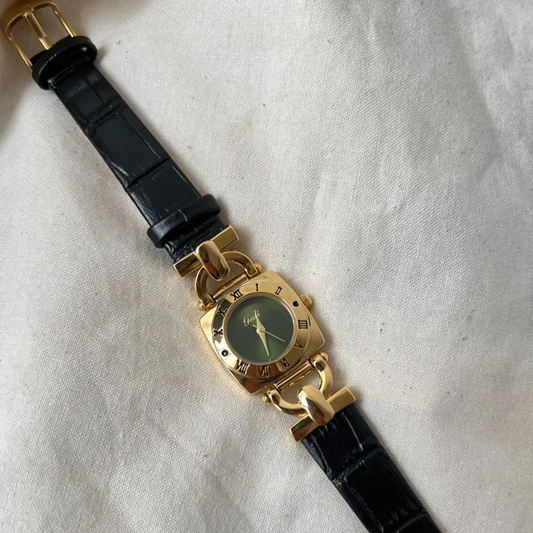 Vintage Noir Timepiece: Black and Gold Green Dial Leather Watch