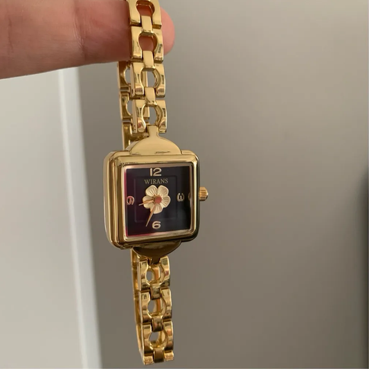 Golden Camellia Timepiece: Square Chain Quartz Watch