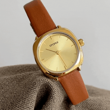 Aura Classic - Fashion Classic Round Gold Dial Brown Leather Strap Ladies Quartz Watch