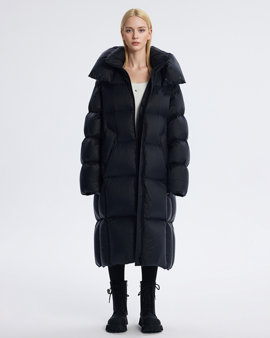 Long Zero-Pressure Goose Down Parka Turtle Quilting & Detachable Hood