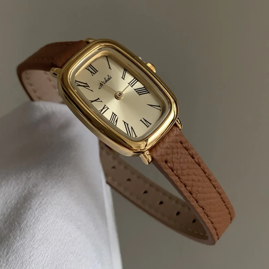 Brown Leather Timepiece: Oval Quartz Watch