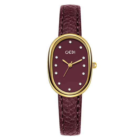 Elegant Red Mother-of-Pearl Oval Dial Gold-Tone Case Microfiber Leather Strap Quartz Watch